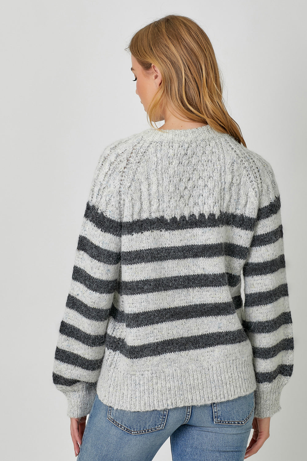 Stripe Zip Collar Pullover Sweater Light Grey Mix