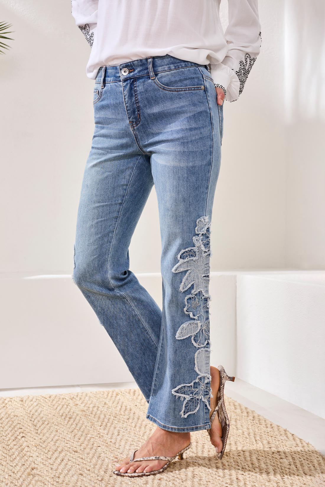 Sophia Applique Curvy Flare Jeans Pebble Blue