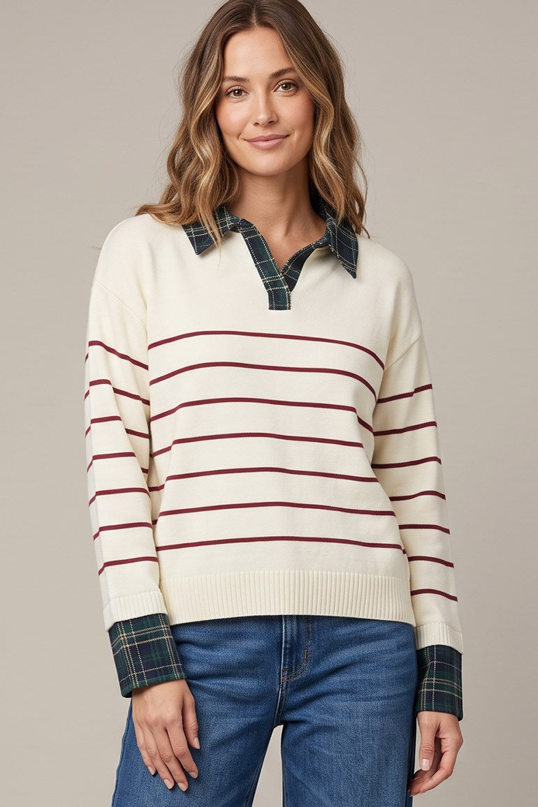 Plaid Collared Stripe Sweater Top Red Stripe