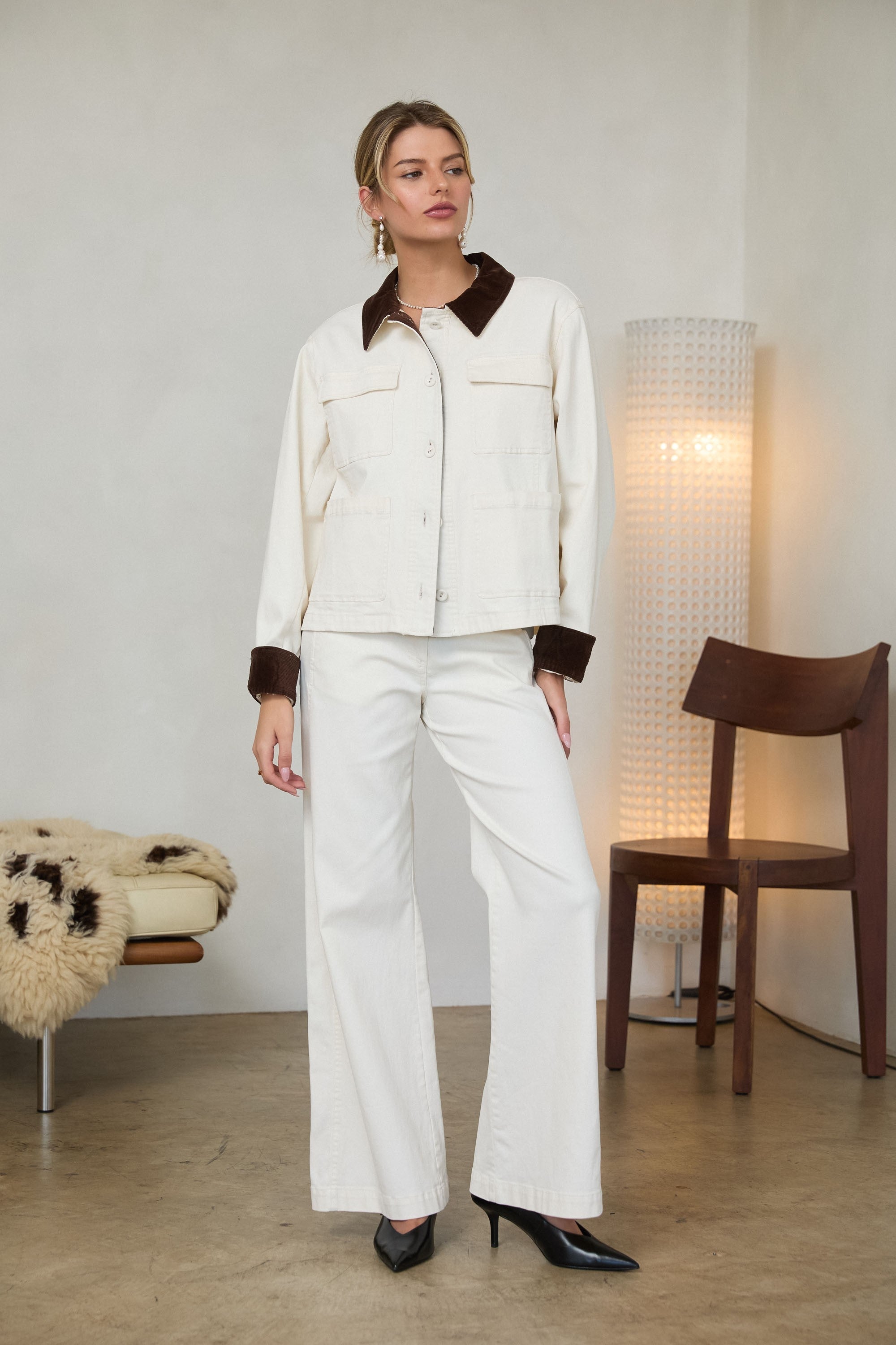 Cotton Twill Contrast Barn Jacket Ivory + Brown