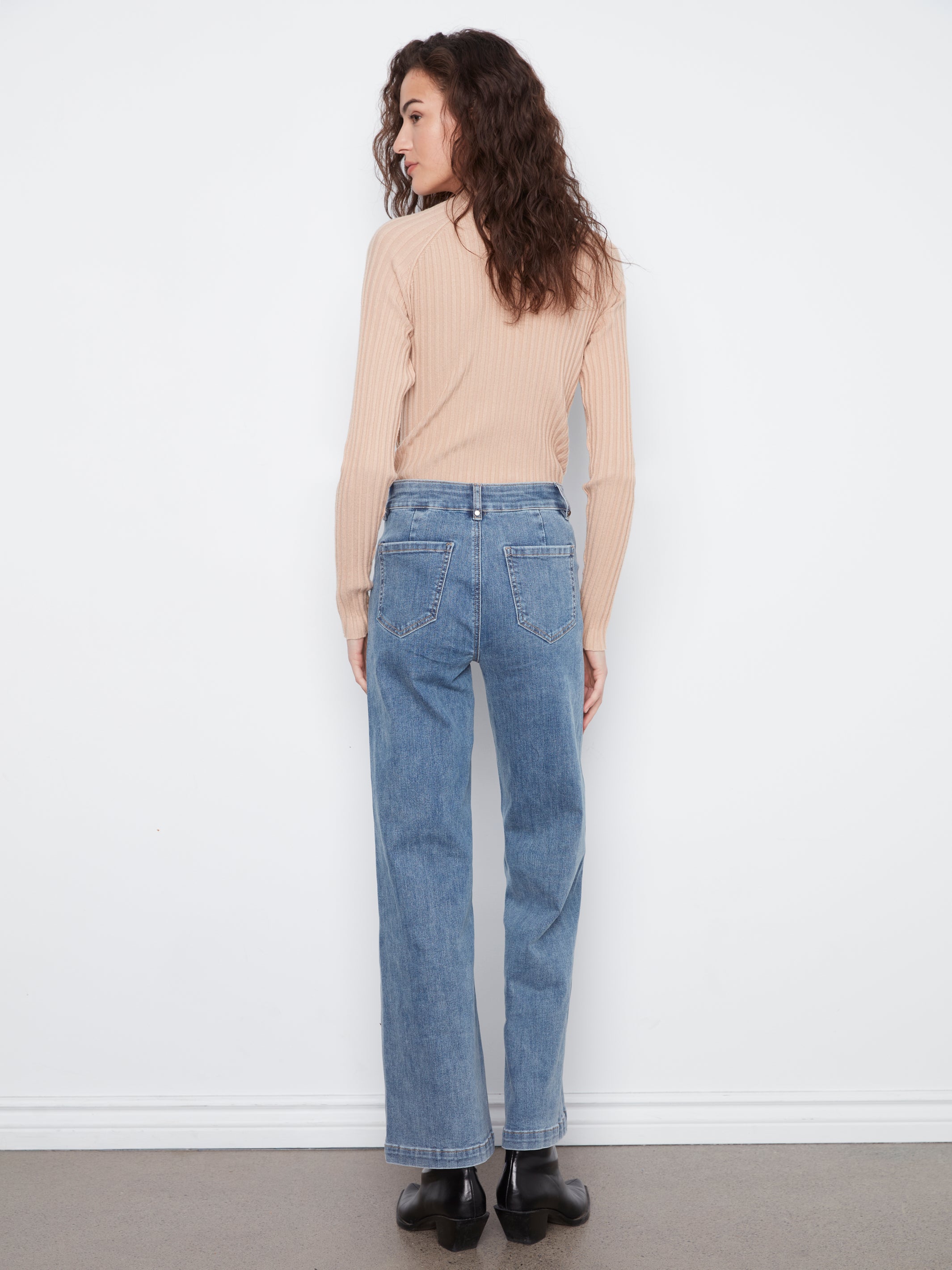 Pintuck Wide Leg Stretch Jeans Medium Blue