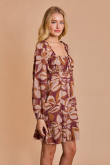 Square Neck Shirred Floral Puff Sleeve Mini Dress Burgundy Floral