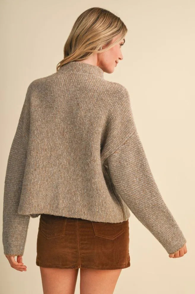 Colored Buttons Two Tone Mock Neck Cardi Natural Grey