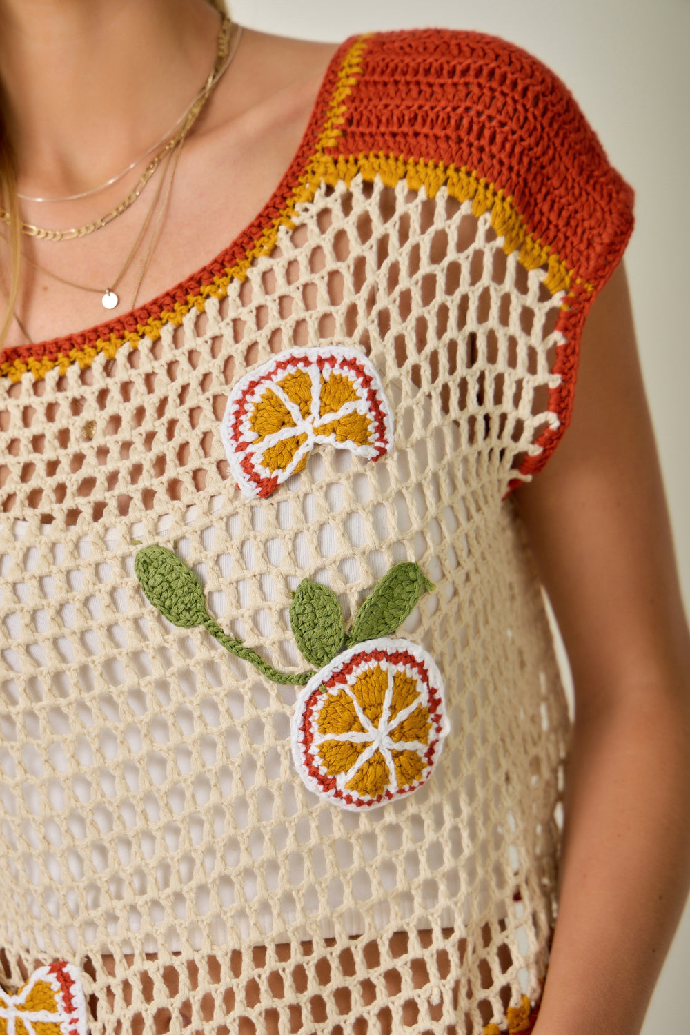 Handmade Lemon Crochet Top Oatmeal + Red