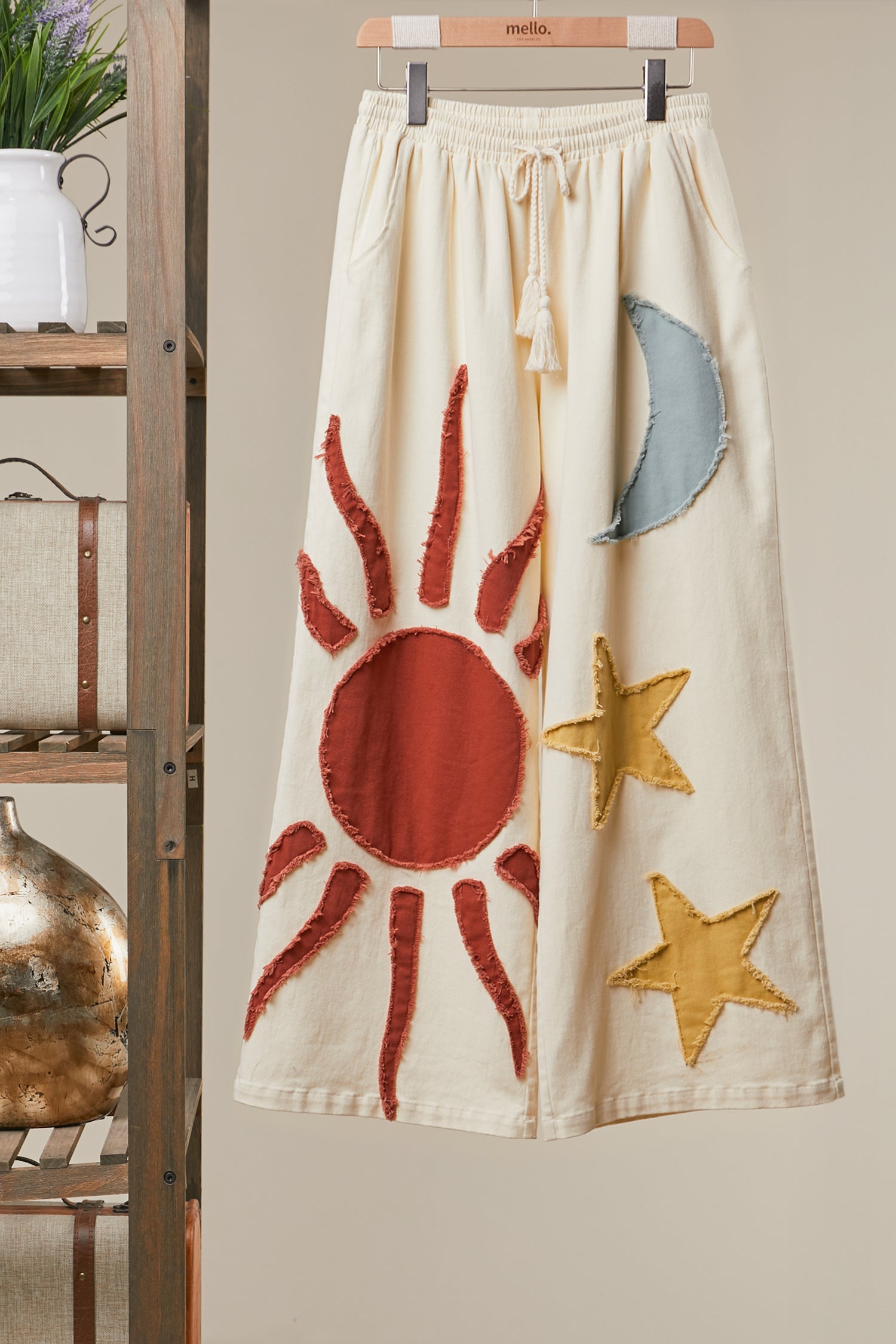 Sun Moon Star Patch Wide Leg Pants Cream