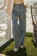 Cut Front Crystal Washed Denim Jeans Light Wash