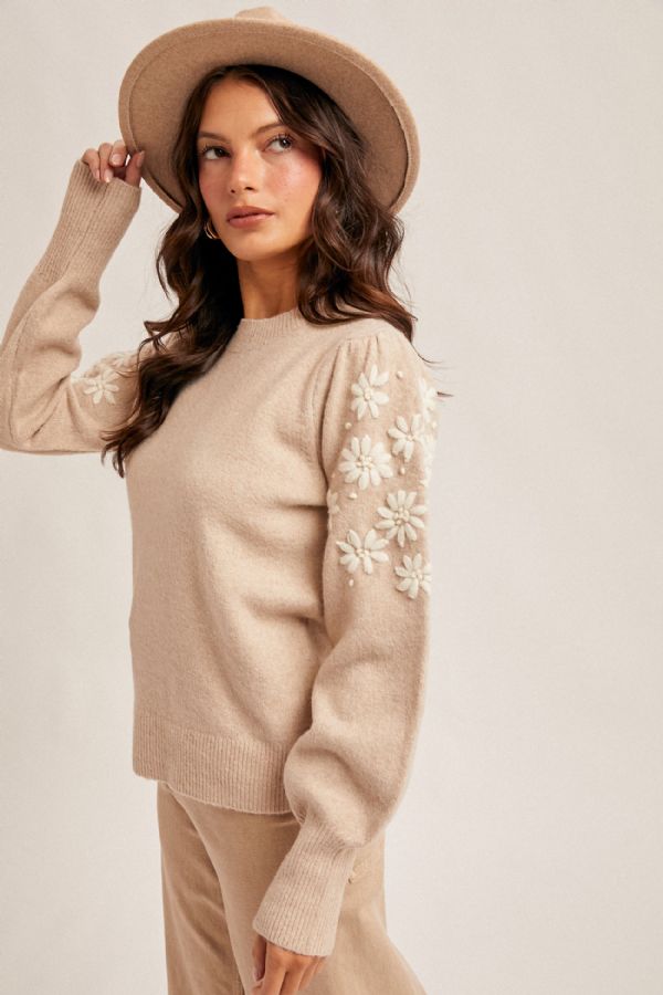 Floral Embroidery Bubble Sleeve Sweater Taupe