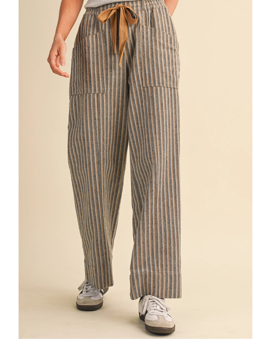 Utility Pocket Stripe Drawstring Crop Pants Soft Charcoal Stripe