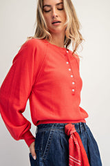 Cozy Half Button Pullover Sweater Coral Red