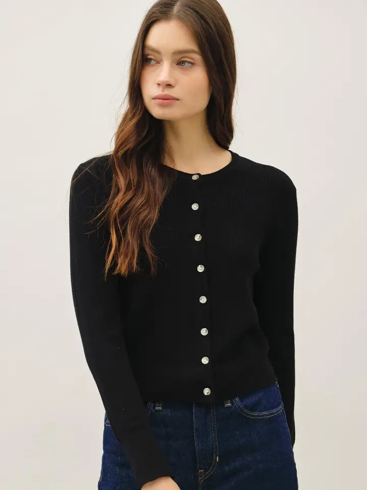 Ribbed Crew Neck Cardigan Black