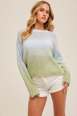 Ombre Open Knit Crew Neck Sweater Light Blue + Mint