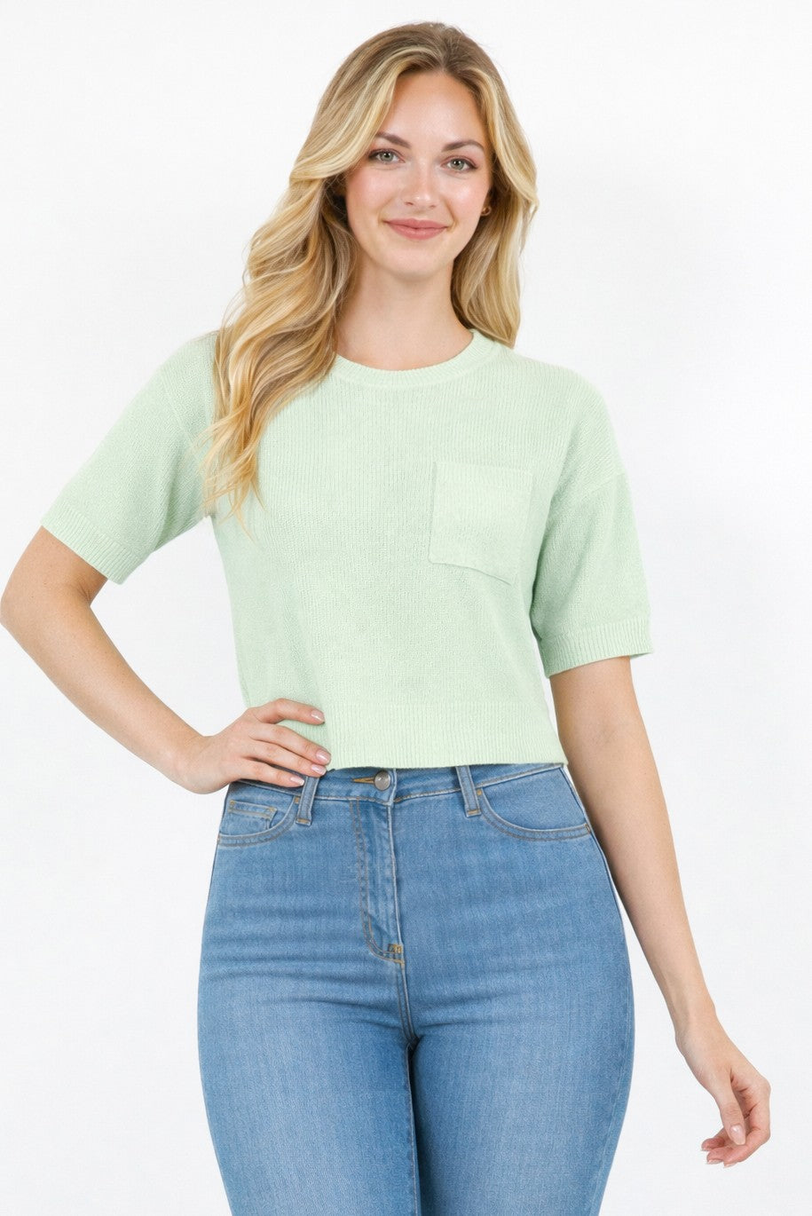 Chest Pocket Short Sleeve Sweater Top Heather Honeydew
