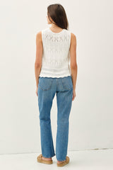 Crochet Knit Detail Button Up Sweater Tank Off White