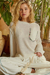 Crew Neck Patterned Trimmed Pocket Sweater Ivory