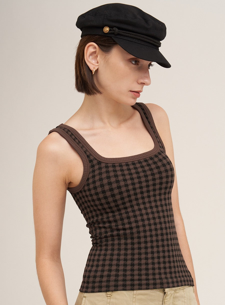 Checked Square Neck Tank French Roast
