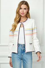 Trimmed Detail Stripe Sweater Cardigan Cream