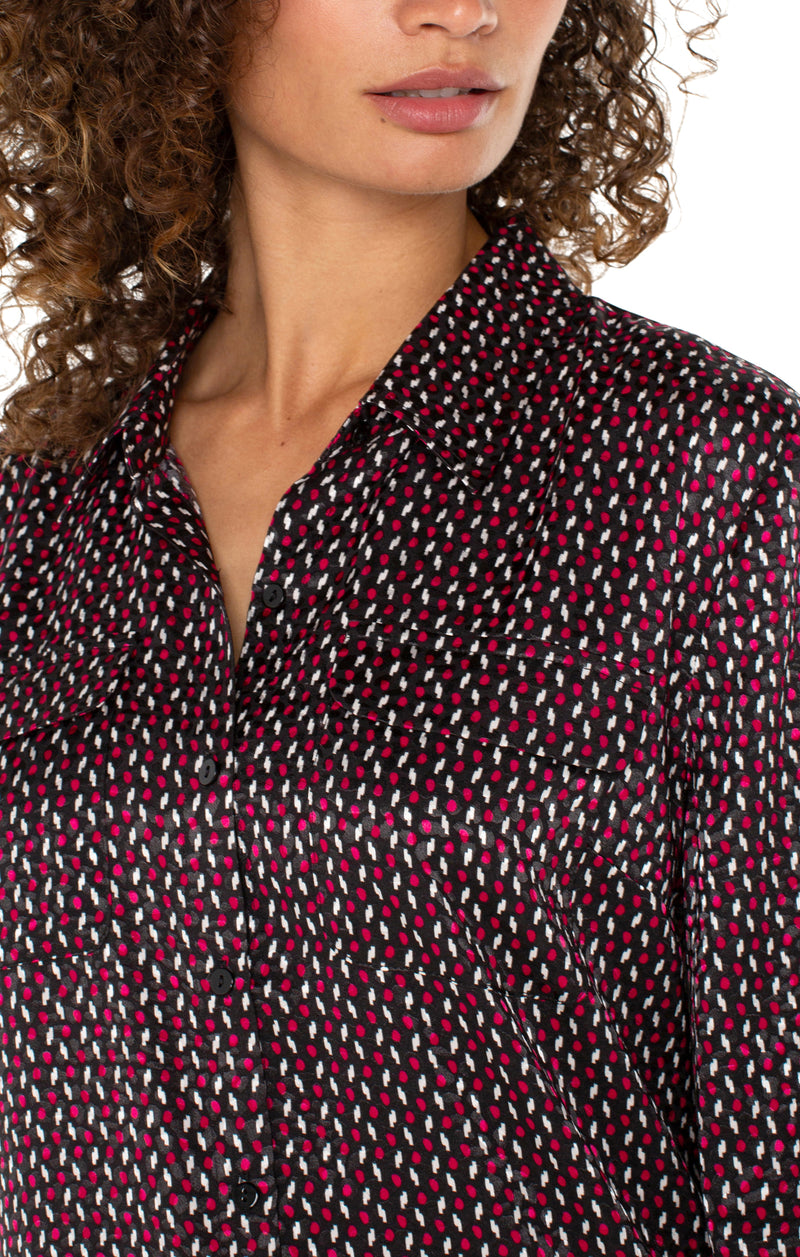 Flap Pocket Button Front Woven Blouse Star Ruby Dot