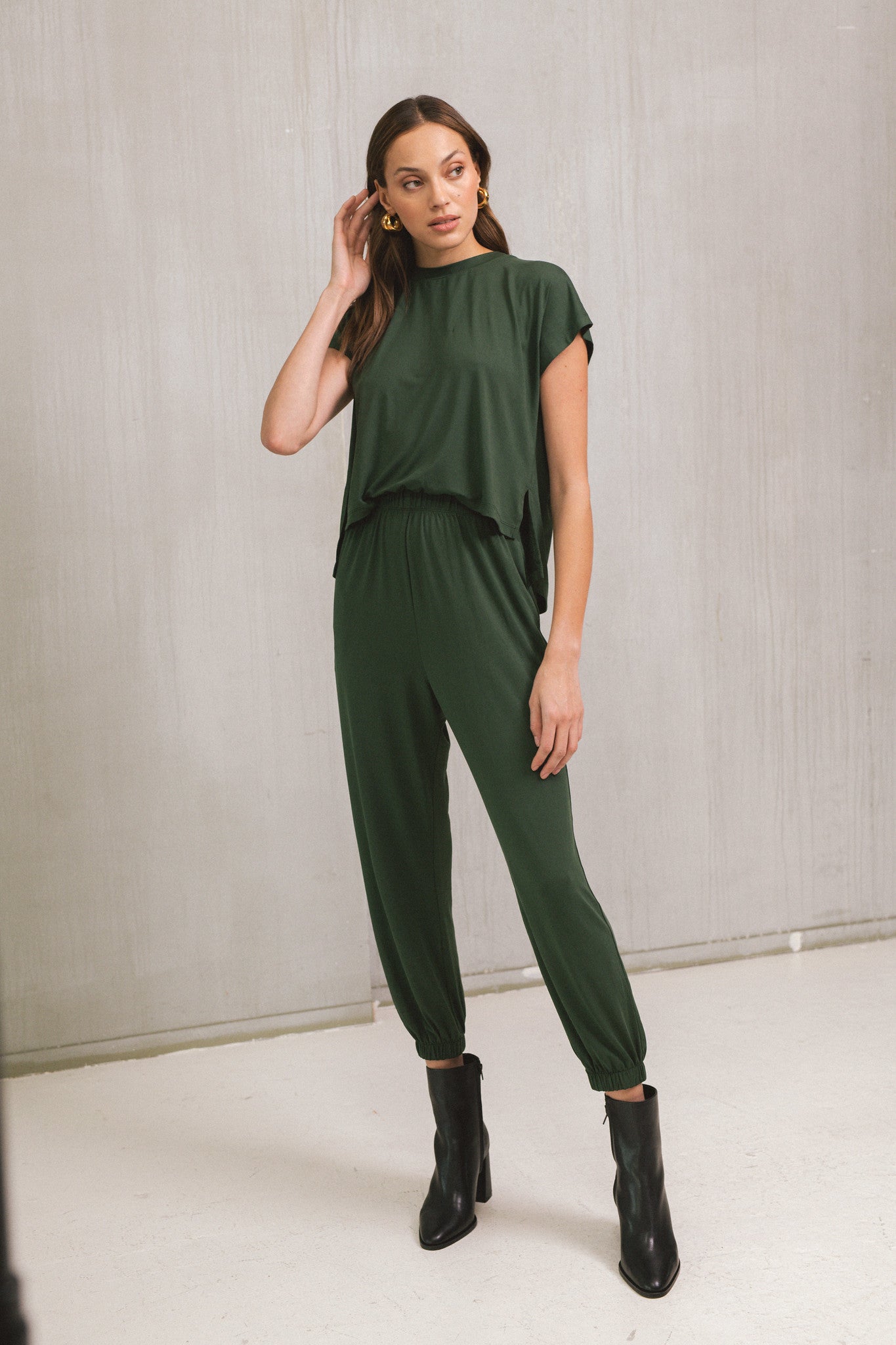 Short Sleeve Hi Low Jogger Jumpsuit Dark Green