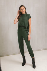 Short Sleeve Hi Low Jogger Jumpsuit Dark Green
