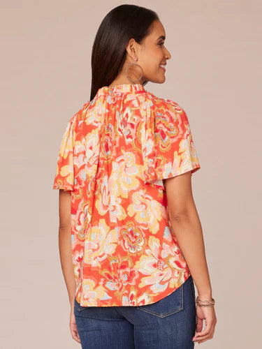 Flutter Sleeve Ruffle Edge Neck Floral Top Candy Red Multi
