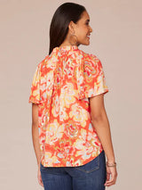 Flutter Sleeve Ruffle Edge Neck Floral Top Candy Red Multi