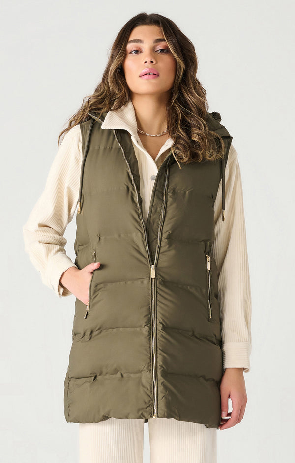 Midlength Hooded Puffer Vest Army Green