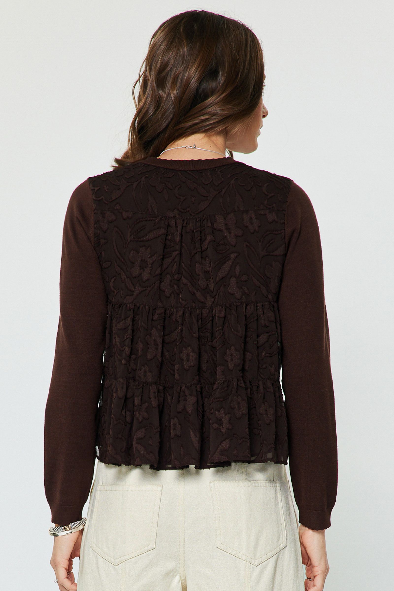 Knit Front Tonal Textured Back Top Brown