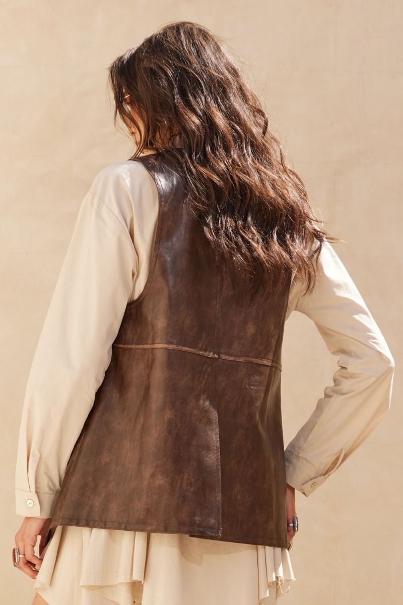 Faux Leather Snap Button Vest Espresso