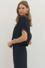 3/4 Sleeve Bubble Button Top Black