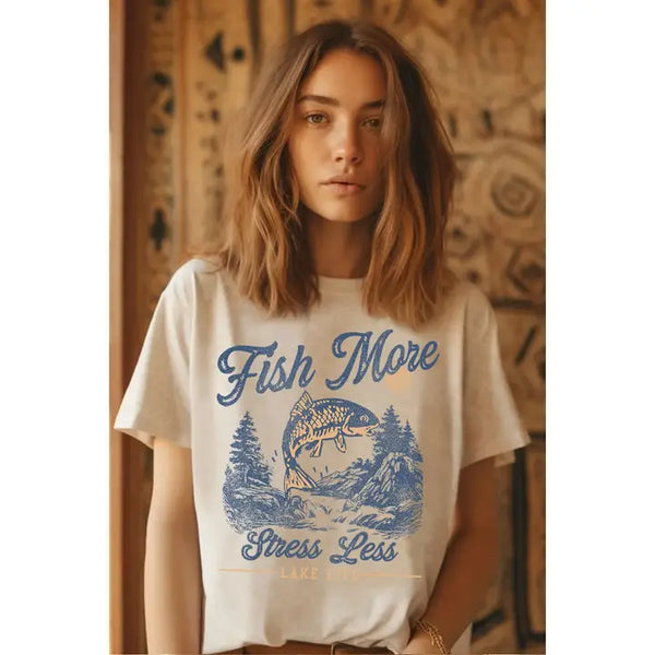 Fish More Stress Less Graphic Tee Mineral Oatmeal