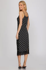 Lace Hem Satin Polka Dot Cowl Midi Dress Black