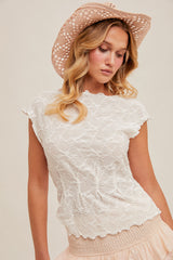 Lace Lettuce Edge Boat Neck Knit Top White