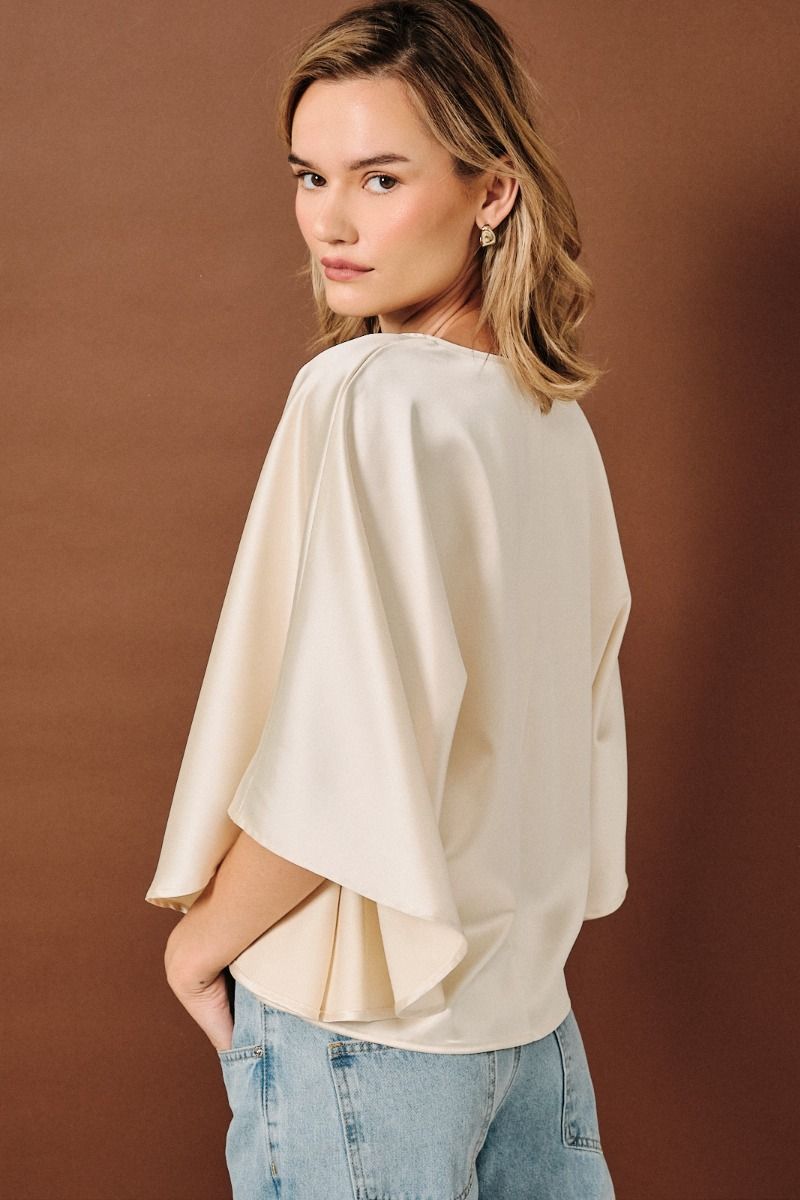 Satin Vneck Elbow Cape Sleeve Top Tan
