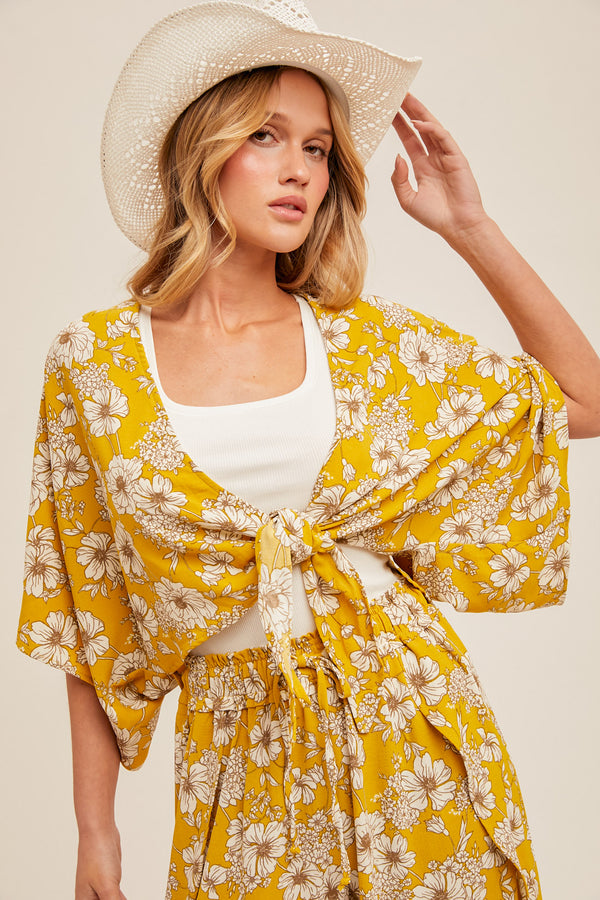 Kimono Sleeve Tie Waist Crop Cover Up Mustard