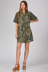 Short Sleeve Embroidered Floral Collared Button Dress Olive