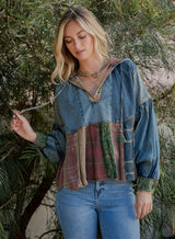 Relaxed Denim Hoodie With Eclectic Plaid Fusion Vintage