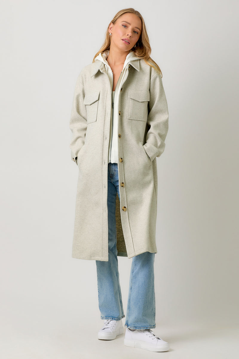 Two Fer Hoodie Solid Long Buttoned Coat