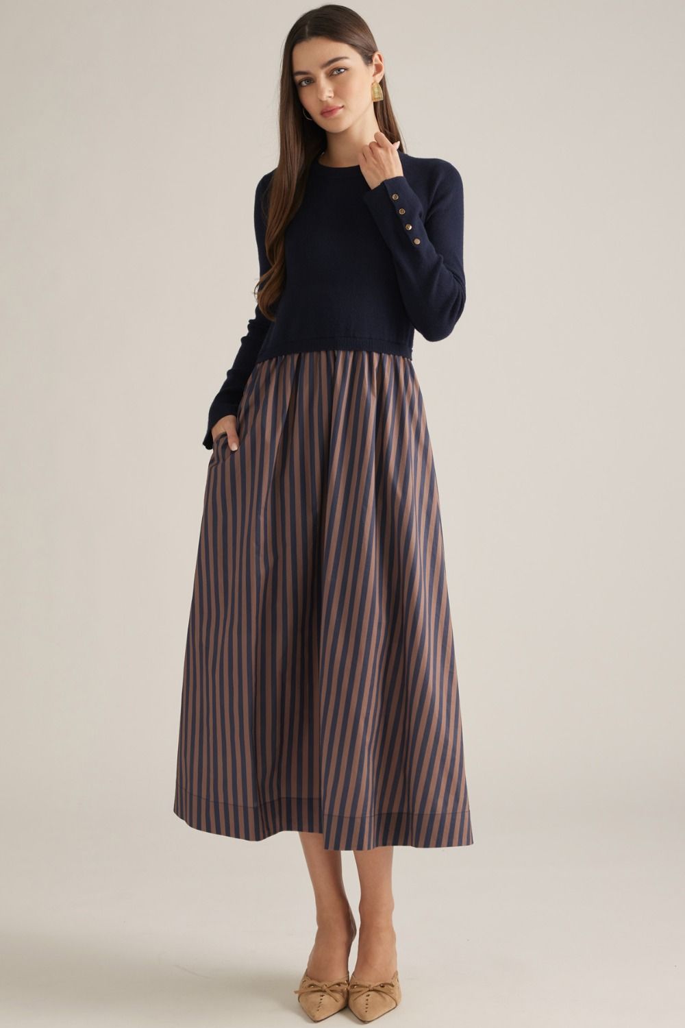 Long Sleeve Knit Top Stripe Skirt Dress
