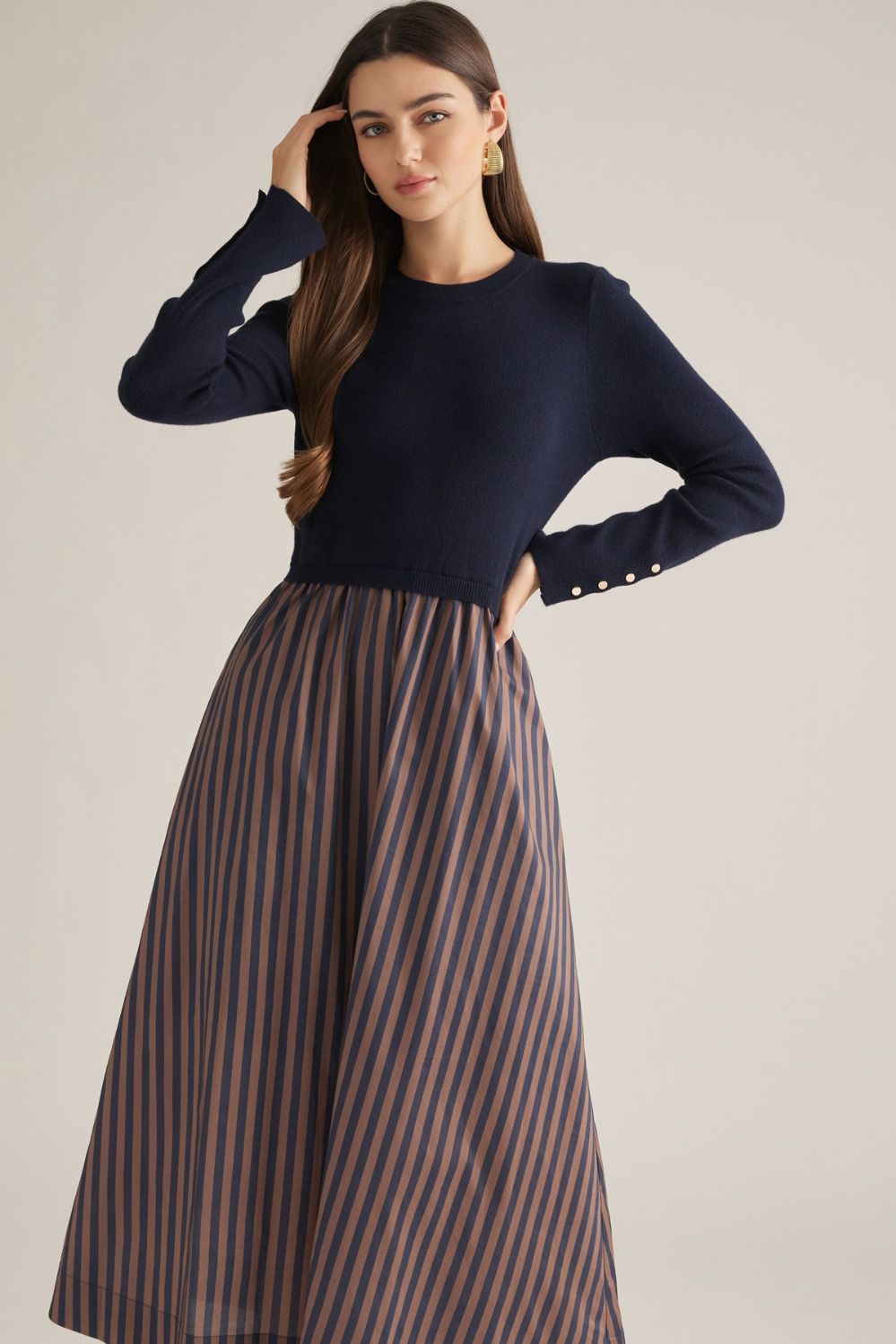 Long Sleeve Knit Top Stripe Skirt Dress