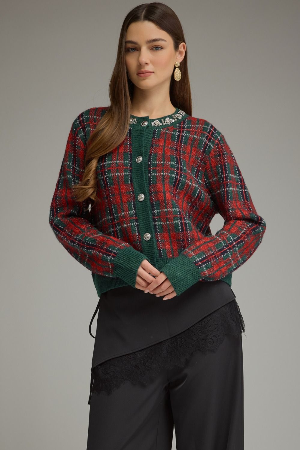 Crystal Collar Plaid Sweater Cardigan