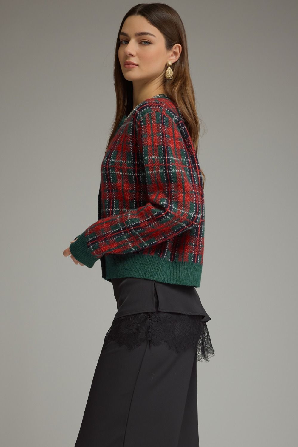 Crystal Collar Plaid Sweater Cardigan