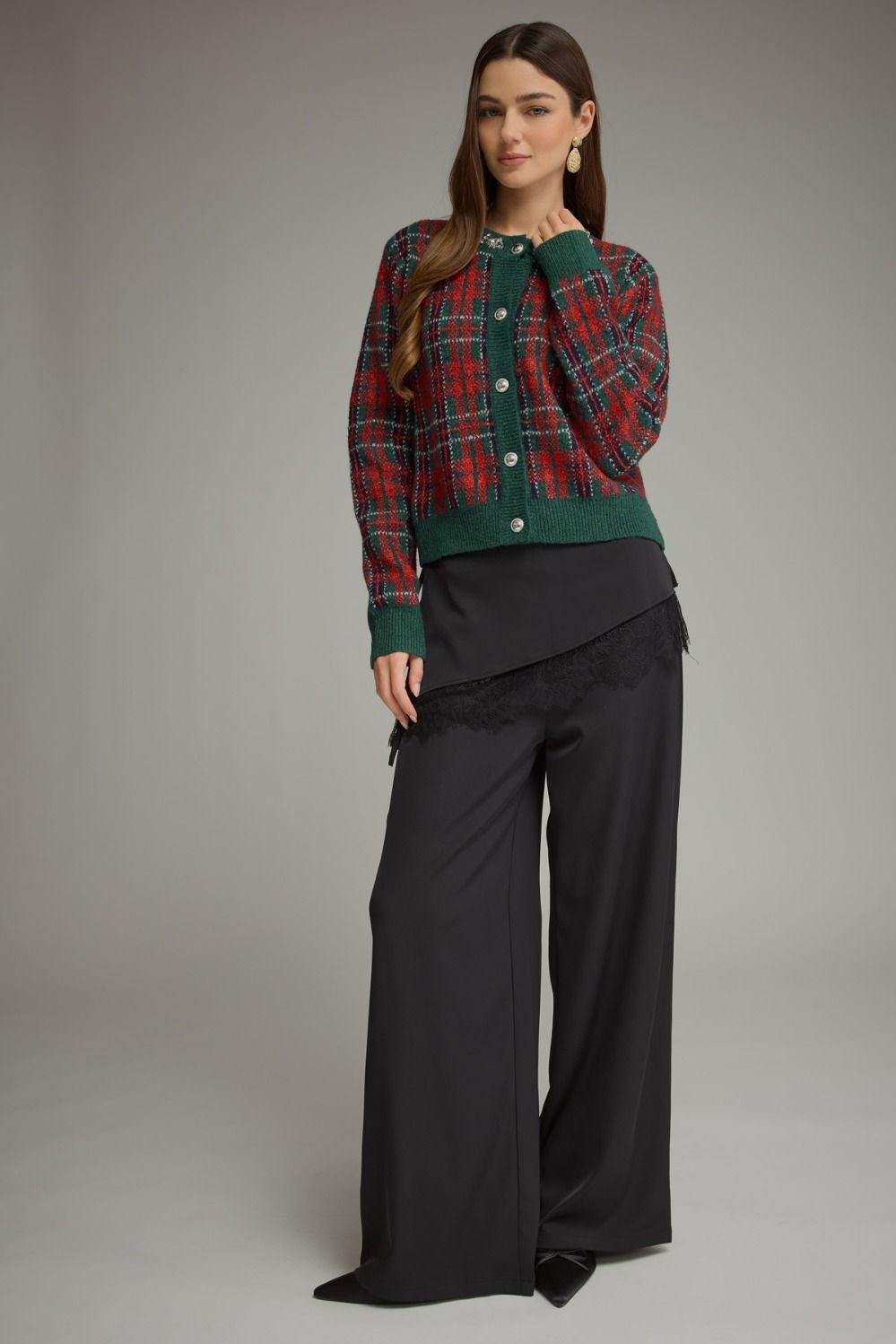 Crystal Collar Plaid Sweater Cardigan