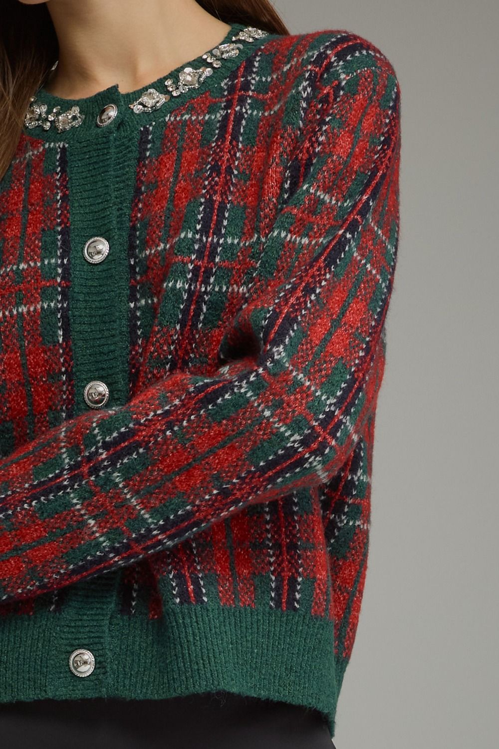 Crystal Collar Plaid Sweater Cardigan