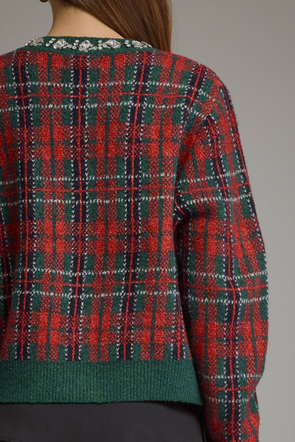 Crystal Collar Plaid Sweater Cardigan
