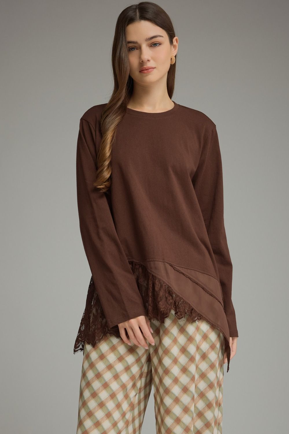 Crossover Lace Hem Contrast Long Sleeve Top