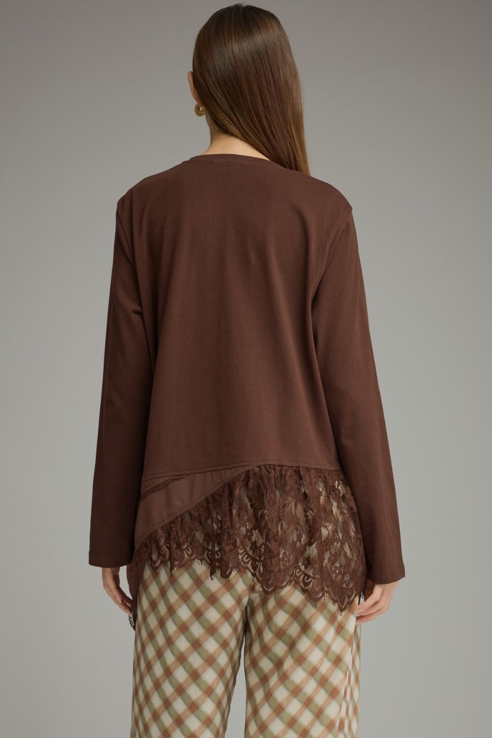 Crossover Lace Hem Contrast Long Sleeve Top
