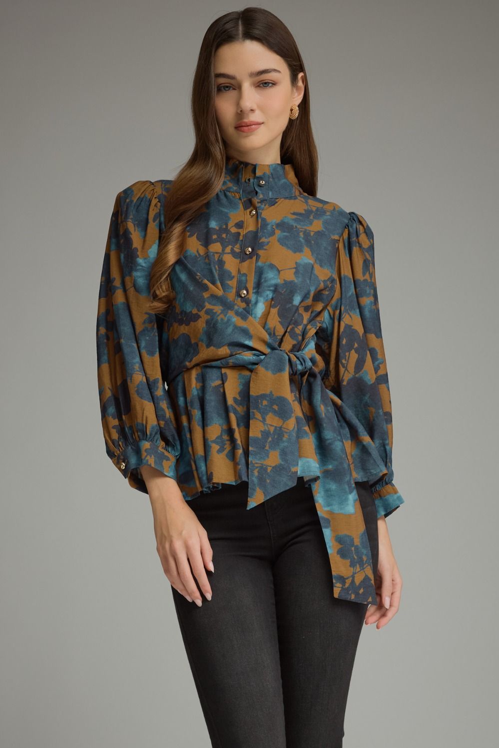 Floral 3/4 Balloon Stand Collar Peplum Blouse
