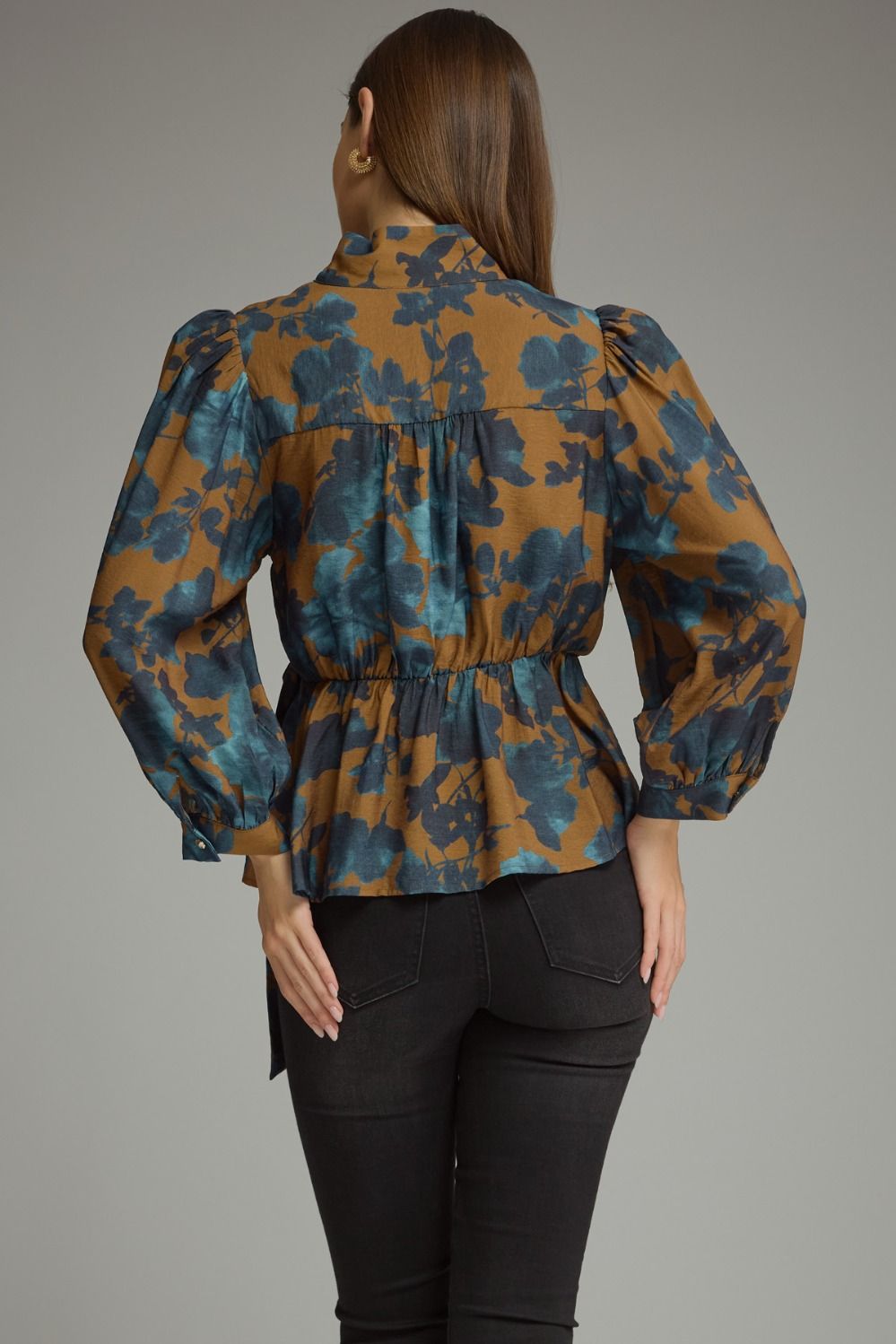 Floral 3/4 Balloon Stand Collar Peplum Blouse