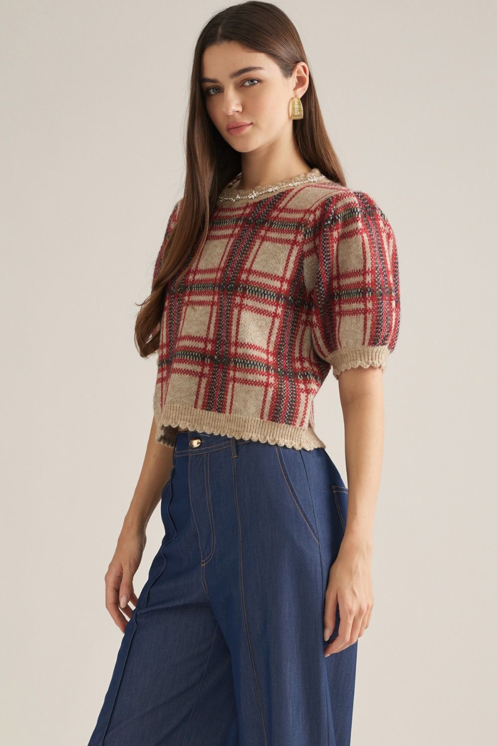 Crystal Neckline Plaid Short Sleeve Sweater