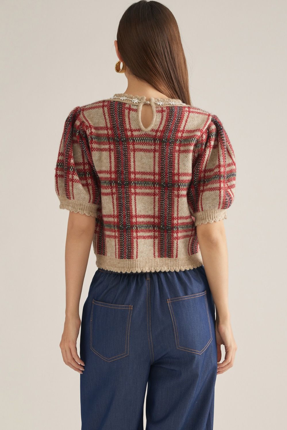 Crystal Neckline Plaid Short Sleeve Sweater